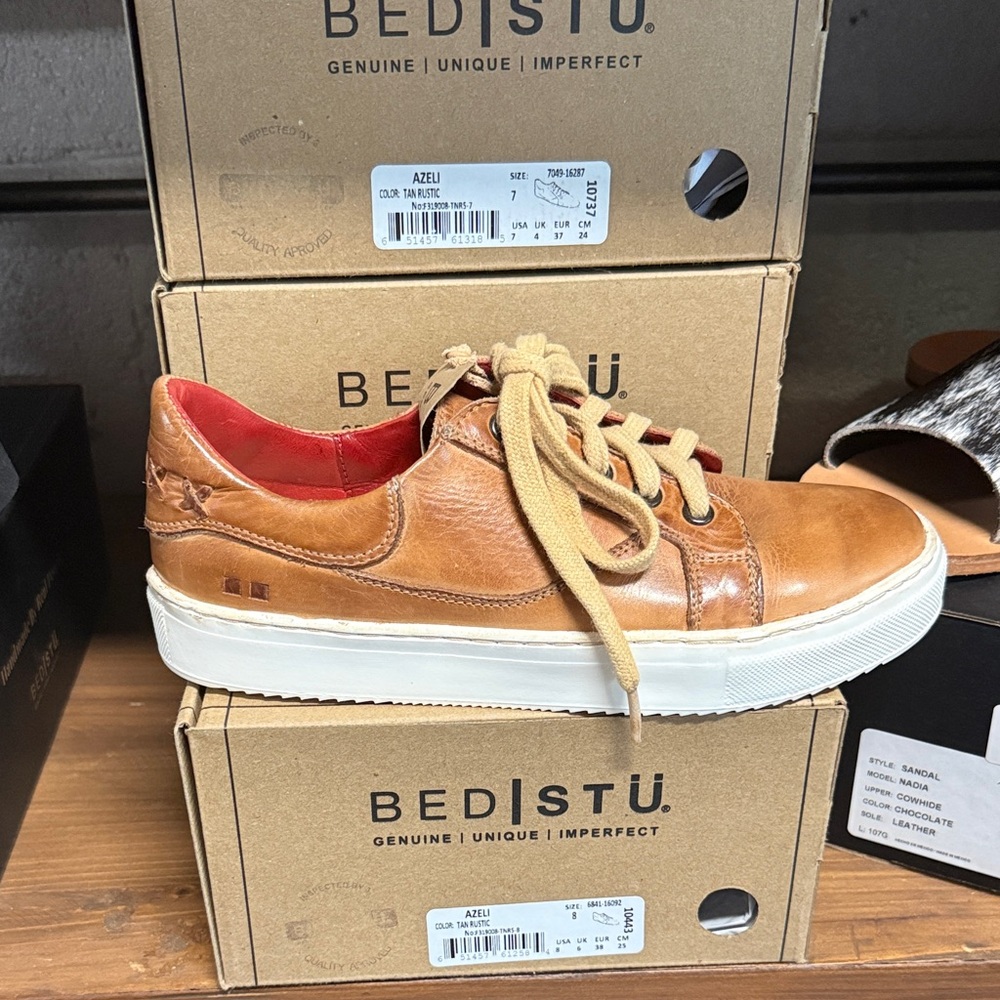 Bed Stu Tan Leather Sneakers with Red Lining